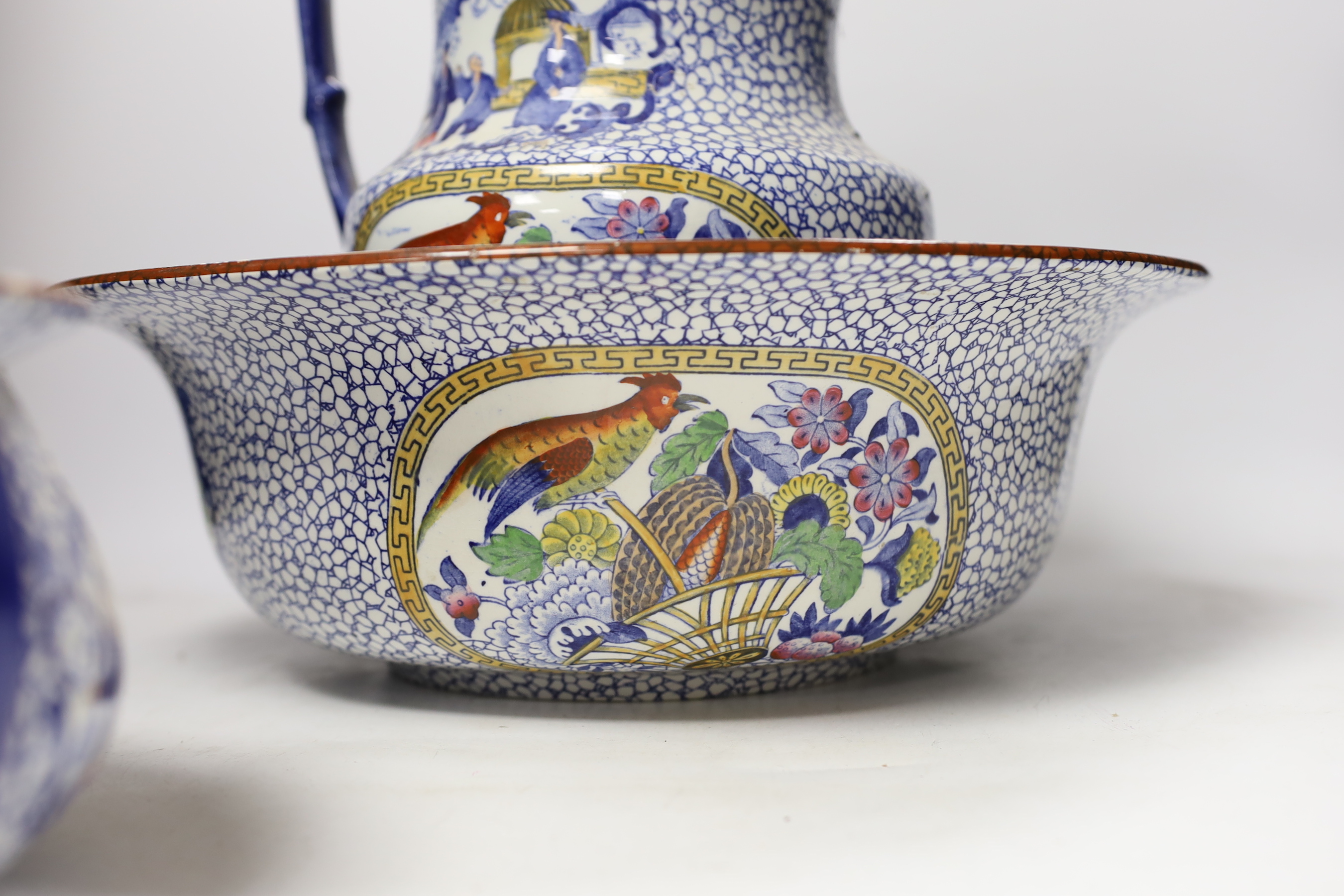 A Victorian blue and white chamber pot, a vase, a bowl, a pot and a jug and basin, jug 27cm (5)